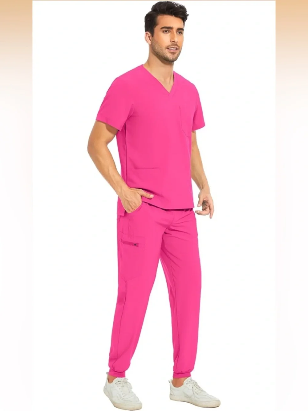 COZYFIT V-Neck Scrub Top &Jogger Pant W/8 Pockets, Anti Wrinkle, M-Tall Hot Pink